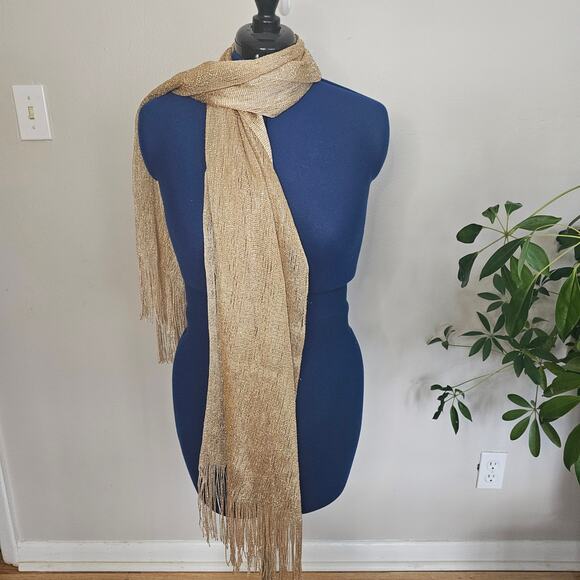 Gold Metallic Mesh Evening Scarf / Wrap with Fringe – Lightweight Shimmer Shawl - Picture 1 of 4